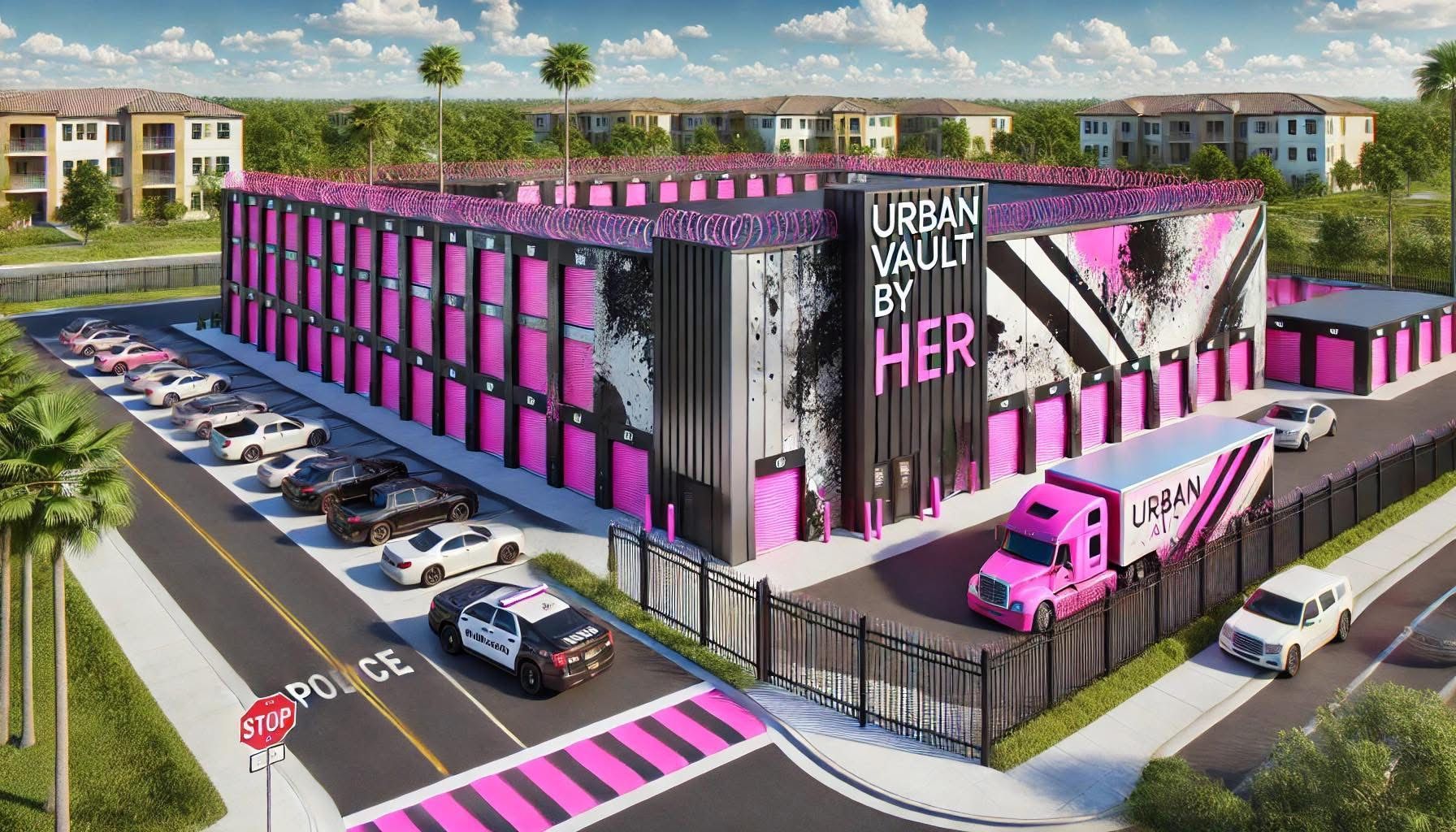 An artist 's impression of a building with a pink truck parked in front of it.