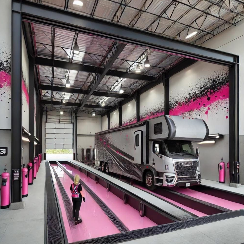 A rv is parked in a garage with a pink floor