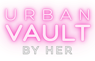 The logo for urban vault by her is pink and white.