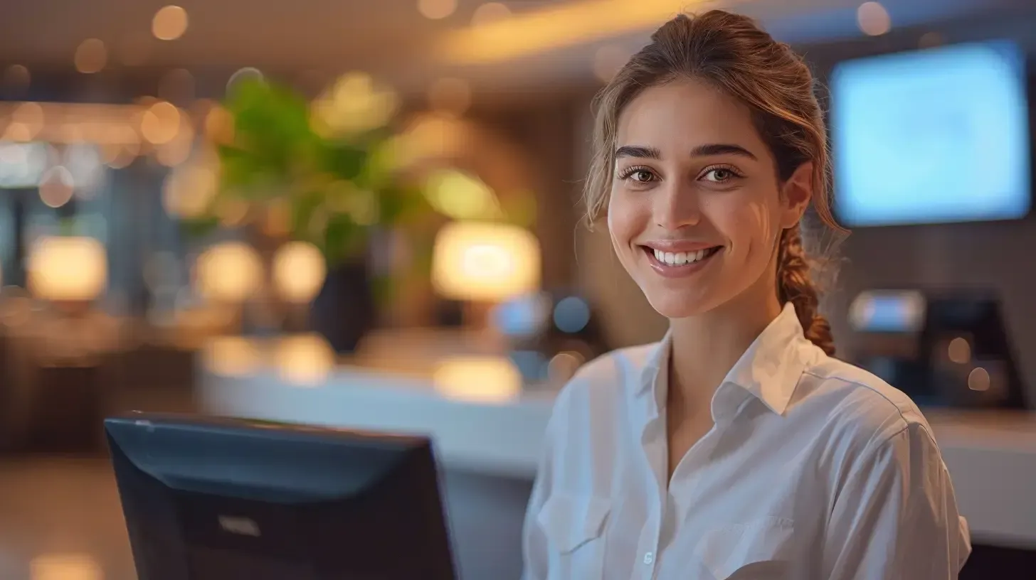A young woman with a friendly smile, wearing a white blouse, stands at a hotel reception desk. She has light brown hair styled in a braid and clear, glowing skin. The background is softly blurred, featuring warmly lit hotel interiors with modern decor.