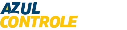 Logotipo da AZUL CONTROLE em azul e amarelo.