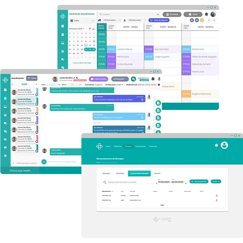 App Médico Múltiplas telas de interface de software,tema em tons de verde-azulado e branco, exibindo calendário, bate-papo e