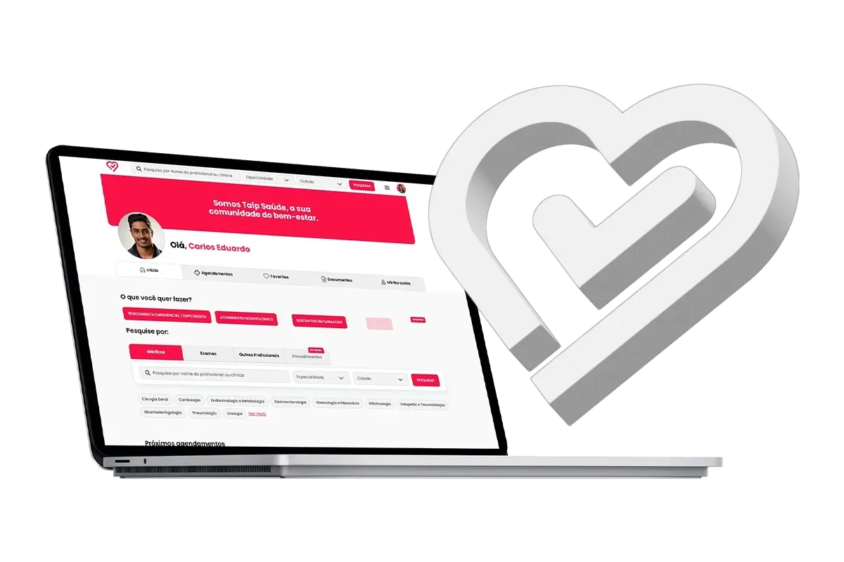 App Médico Laptop exibindo um site, ao lado de um logotipo de coração branco em 3D.