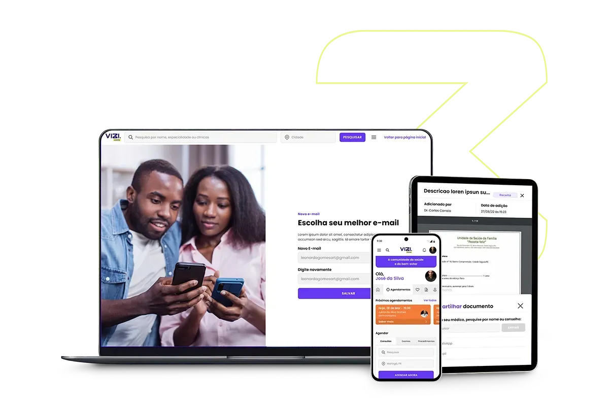 Laptop, celular e tablet exibindo a interface do aplicativo; um casal usando celulares.