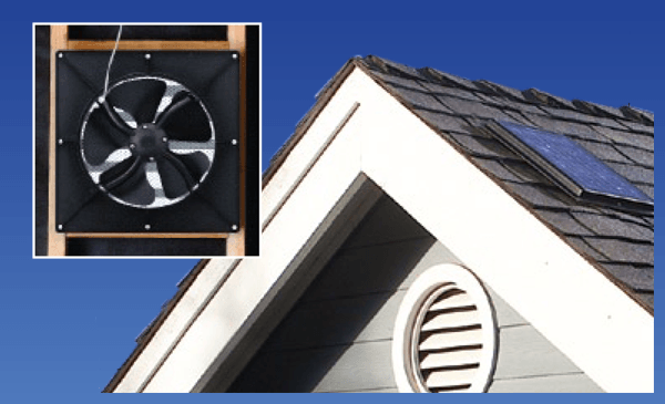 Close-up of a house roof with a solar attic fan and a small solar panel against a blue sky. Solar Attic Fans | MasterCraft Roofing, Siding & Windows | Serving Eastern MA, NH & Selected Areas of VT