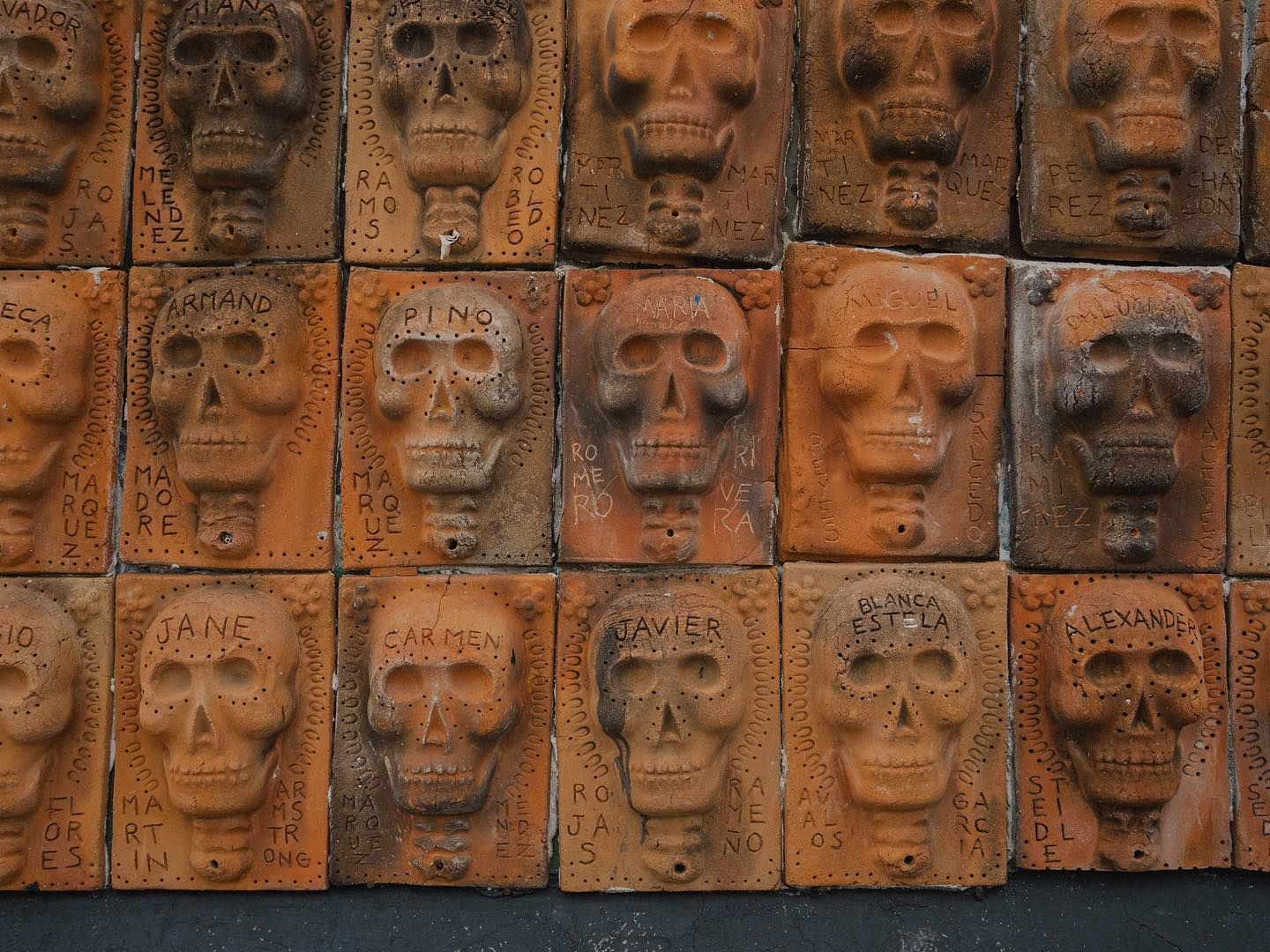 Una fila de calaveras con nombres en ellas están alineadas en una pared.