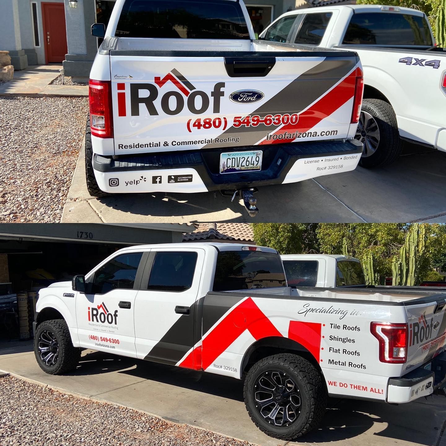 Two white Ford pickup trucks with roofing company branding, parked in a driveway.