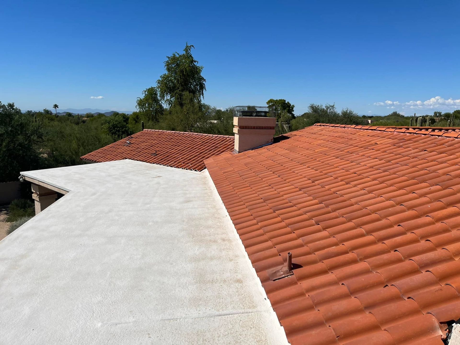 Red tile roof next to a white flat roof against a blue sky, trees in the background.