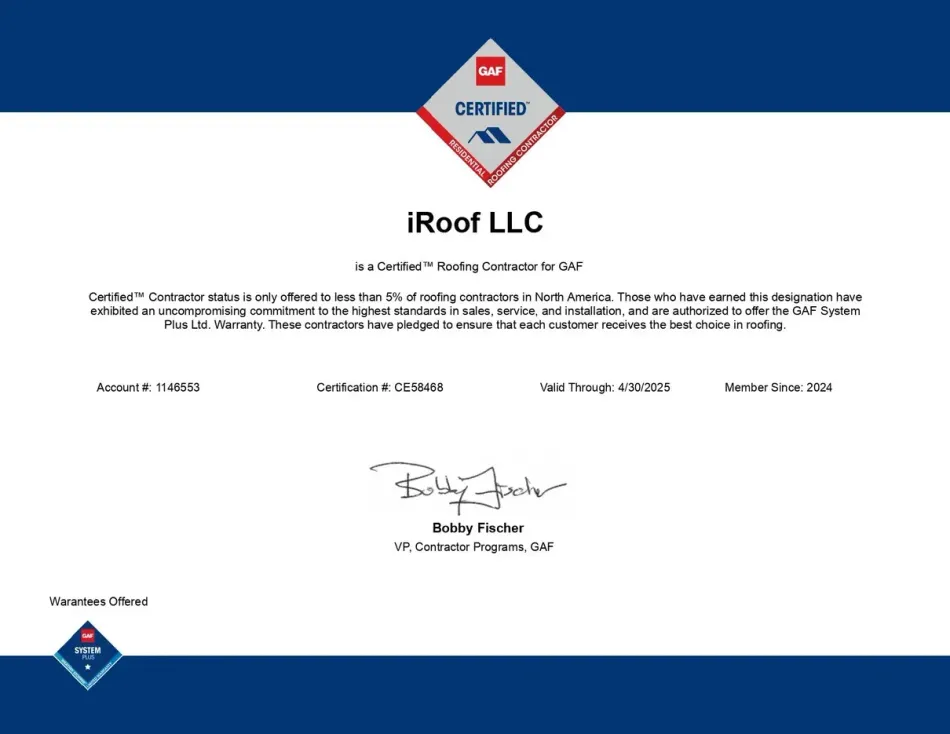 IRoof LLC roofing certification certificate. Features red/blue logo, names, and a signature.