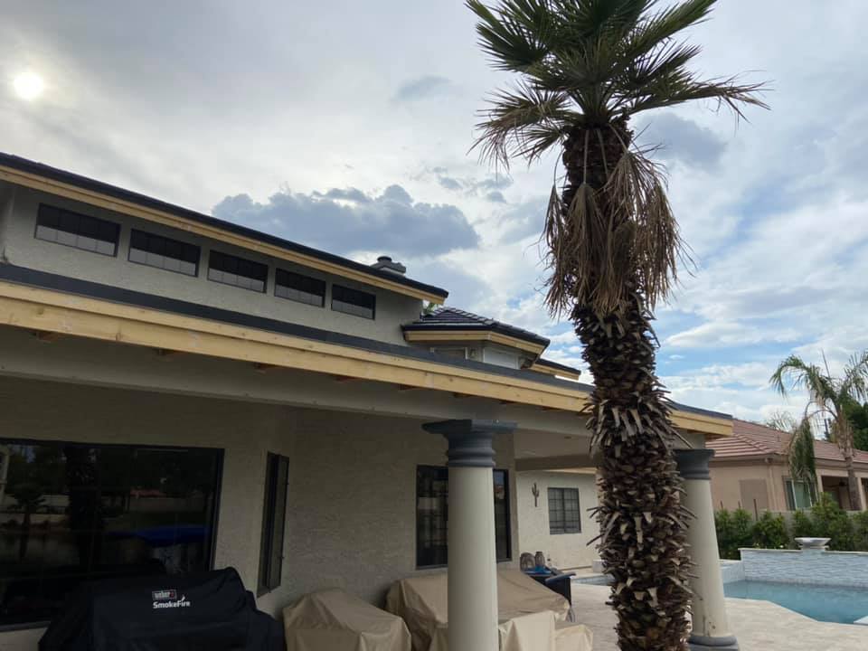 Backyard with a tall palm tree, house with beige walls and a pool under a cloudy sky.