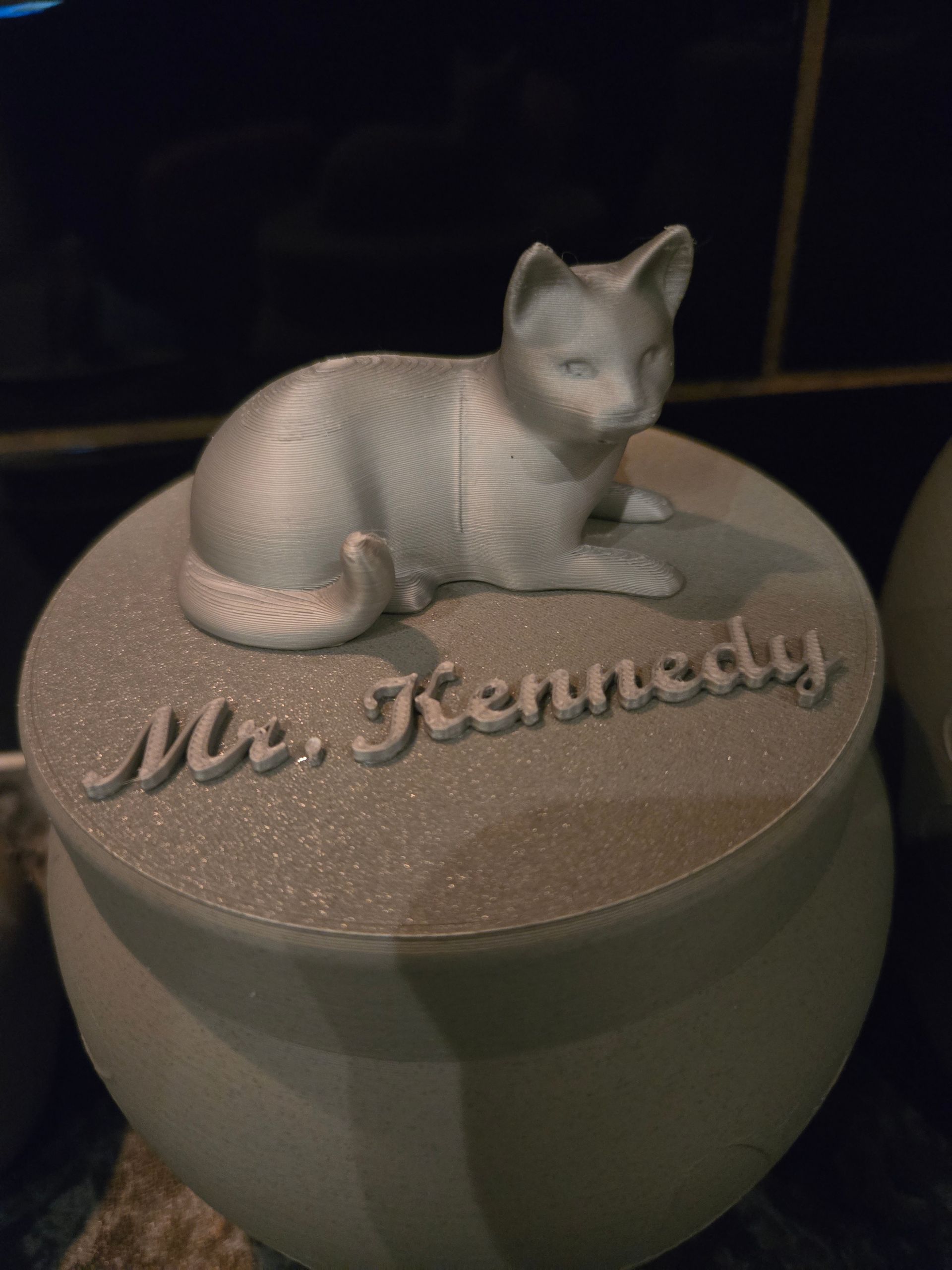 Een zilverkleurige dierenurn met een beeldje van een kat op het deksel en de naam 