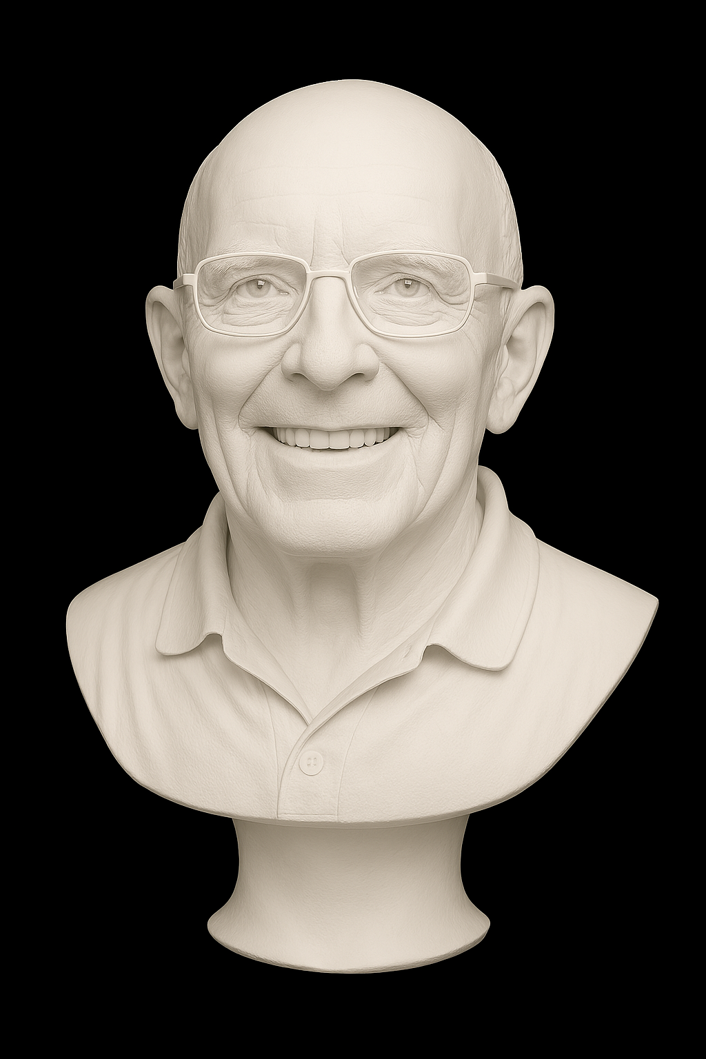 Een monochroom borstbeeld van een lachend persoon met een bril, gecentreerd tegen een zwarte achtergrond.