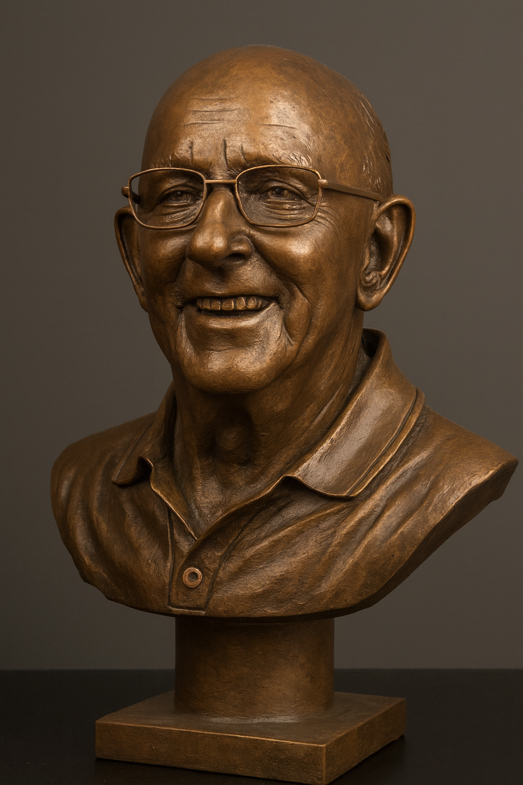 Bronzen buste van een lachend persoon met bril en overhemd met kraag, geplaatst tegen een effen donkergrijze achtergrond.