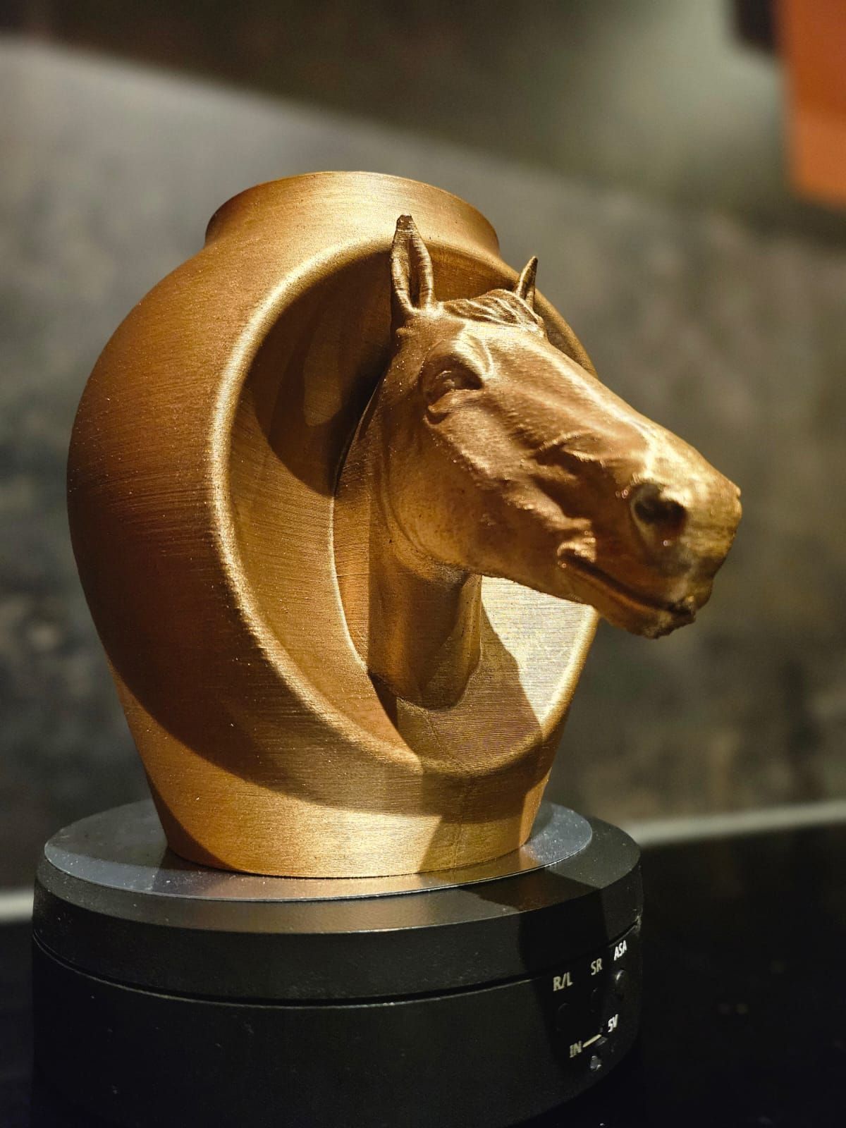Een goudkleurig, 3D-geprint beeld van een paardenhoofd, gecentreerd in een cirkelvormig frame, rustend op een zwarte displaystandaard.
