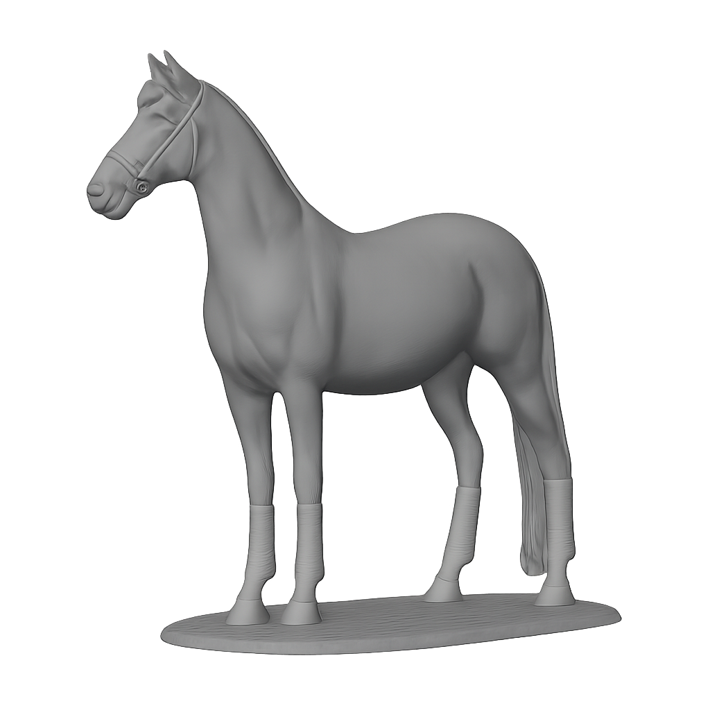 Een grijs, monochroom beeldje van een staand paard op een ovale sokkel.