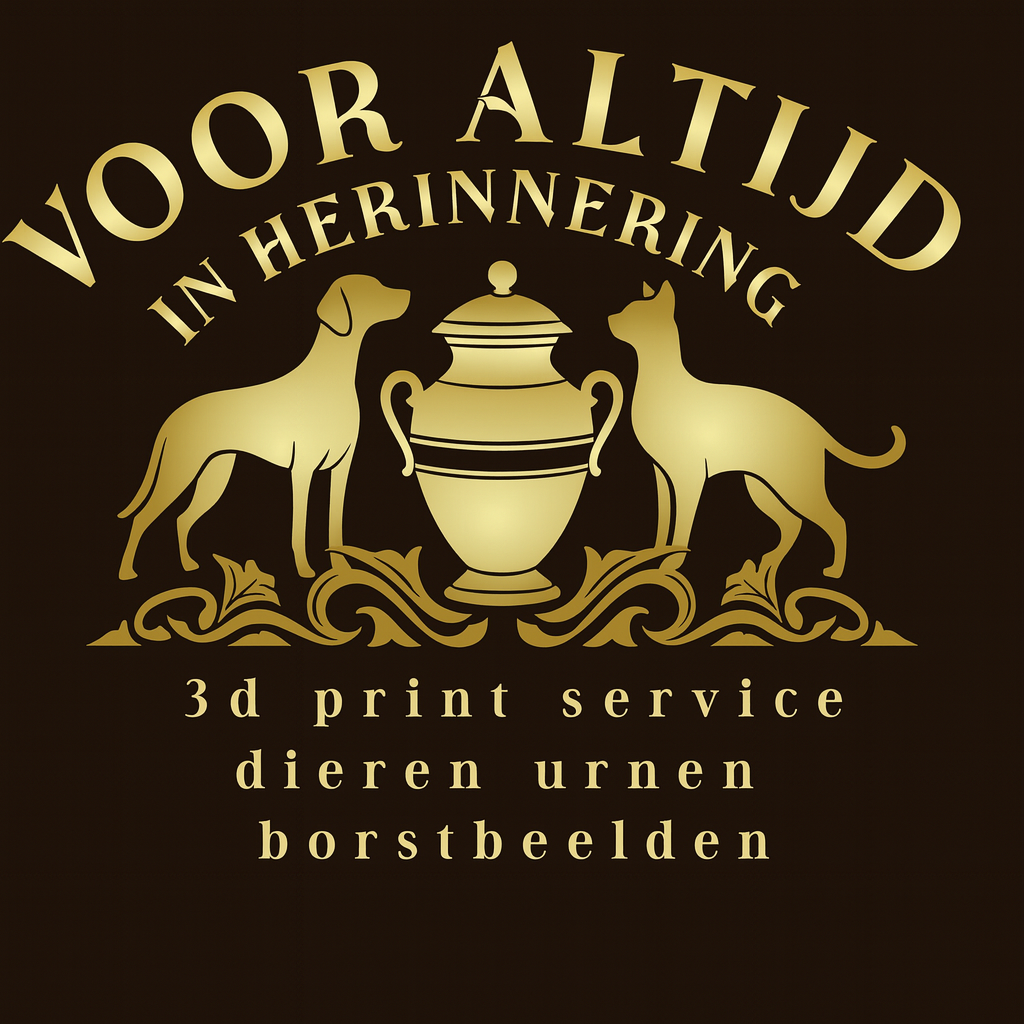 Gouden logo op een donkerbruine achtergrond: silhouetten van een hond en een kat die een urn flankeren, met de tekst "VOOR ALTIJD IN HERINNERING".