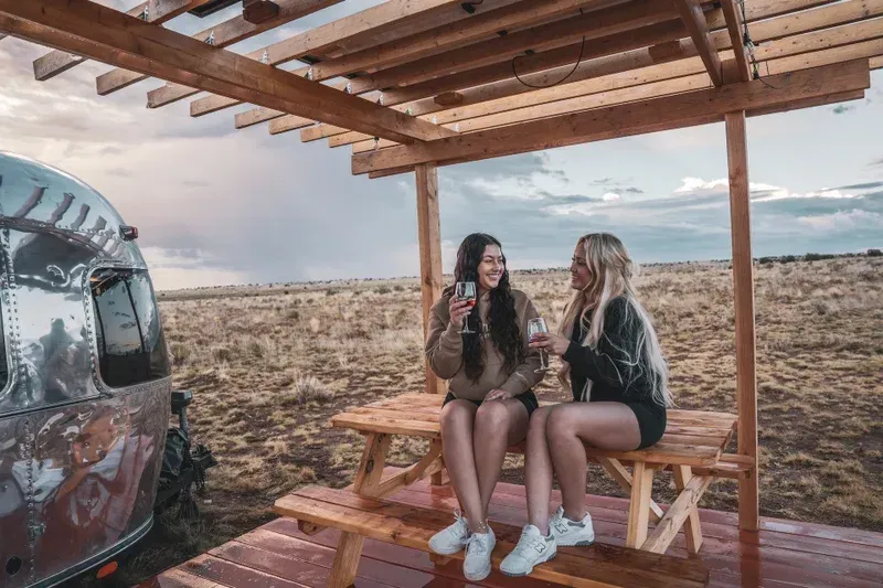 two women are sitting on a picnic table drinking wine .