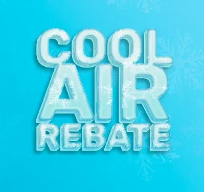 The words `` cool air rebate '' are written in ice on a blue background. | Berkeley Minicar