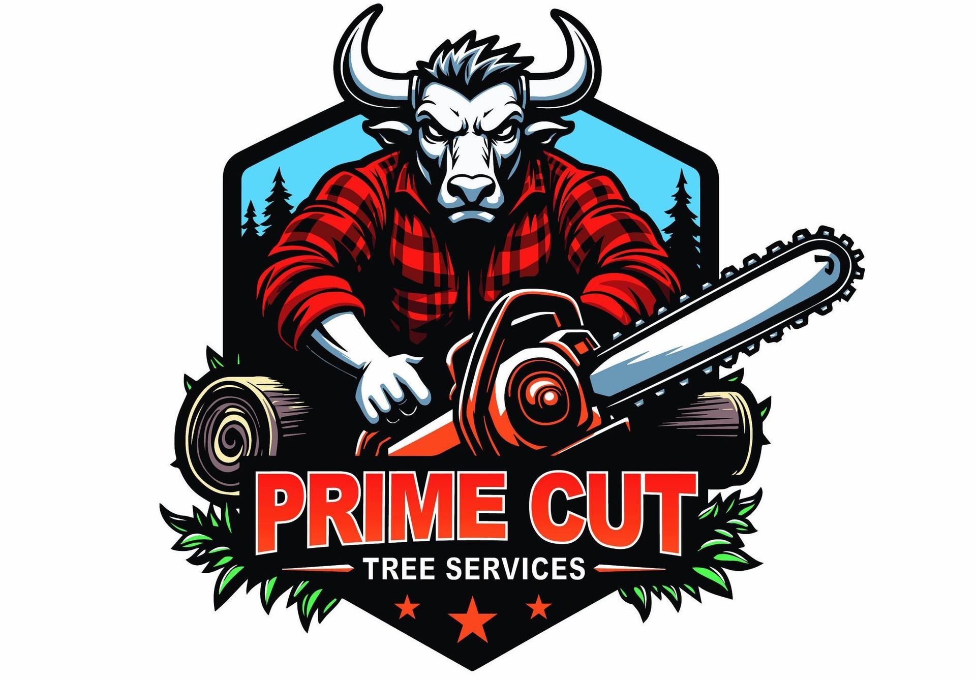 Logo for Prime Cut Tree Services featuring a bull in a red flannel shirt holding a chainsaw over a log.
