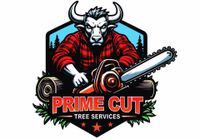 Logo for Prime Cut Tree Services featuring a bull in a red flannel shirt holding a chainsaw over a log.