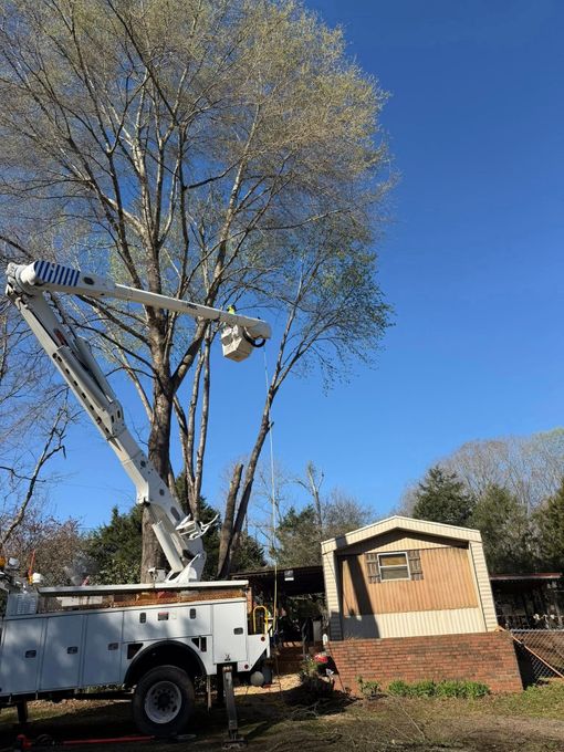 A white bucket truck is parked next to a house with a large, blooming tree nearby under a clear blue sky.