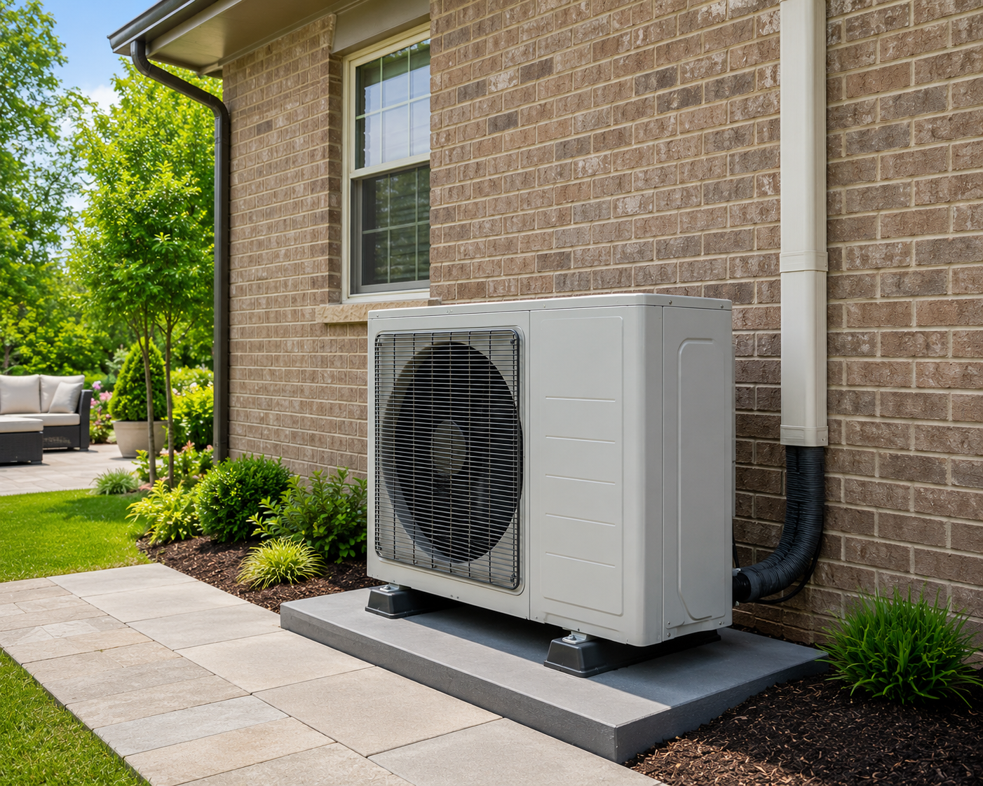 Outdoor HVAC unit beside a brick wall on a concrete pad with gravel around it