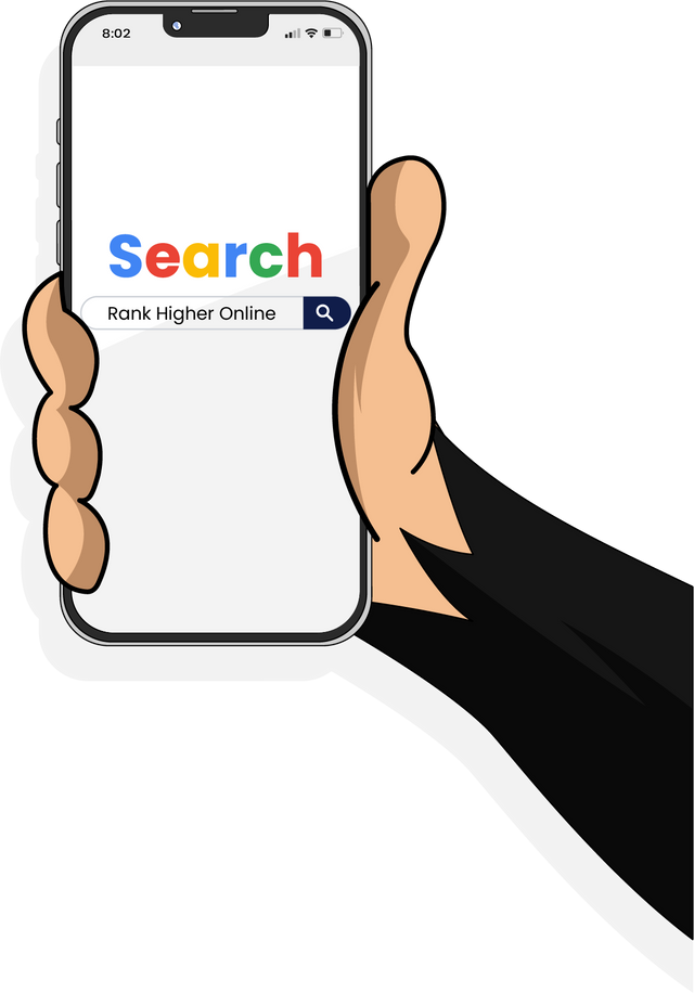 A hand is holding a cell phone with a search bar on the screen.