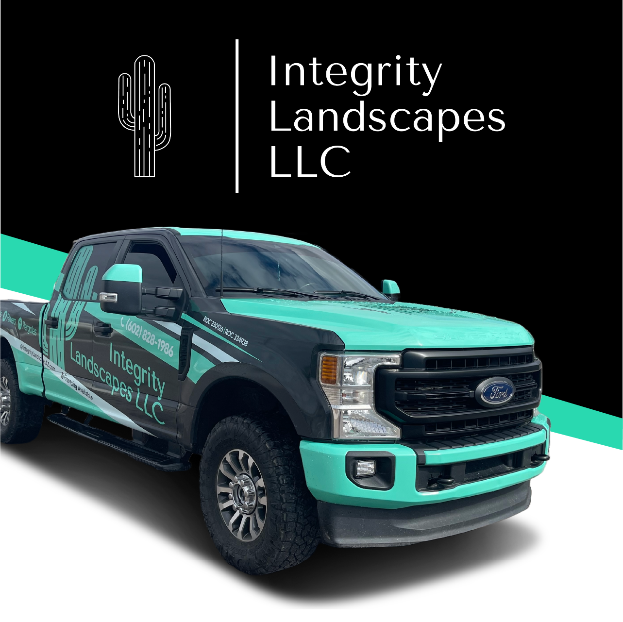 A truck is parked in front of a logo for integrity landscapes llc.