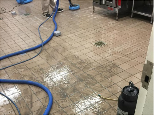 A person is cleaning a tiled floor with a vacuum cleaner.