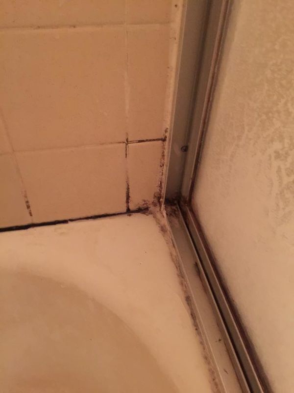 A close up of a bathroom with a bathtub and a shower door.