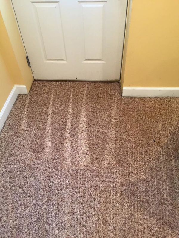 A brown carpeted floor in a room next to a door.