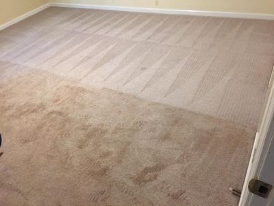 A room with a carpeted floor and a door.