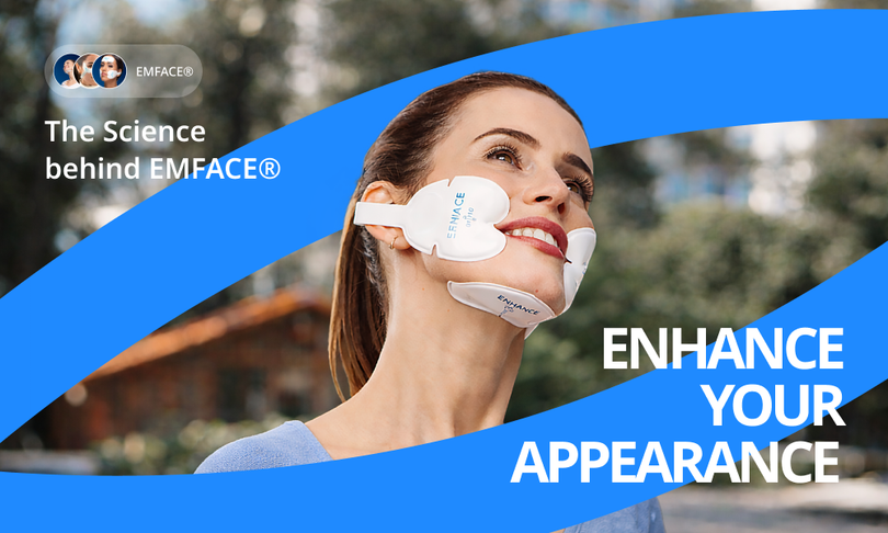 Woman wearing facial device. Text: