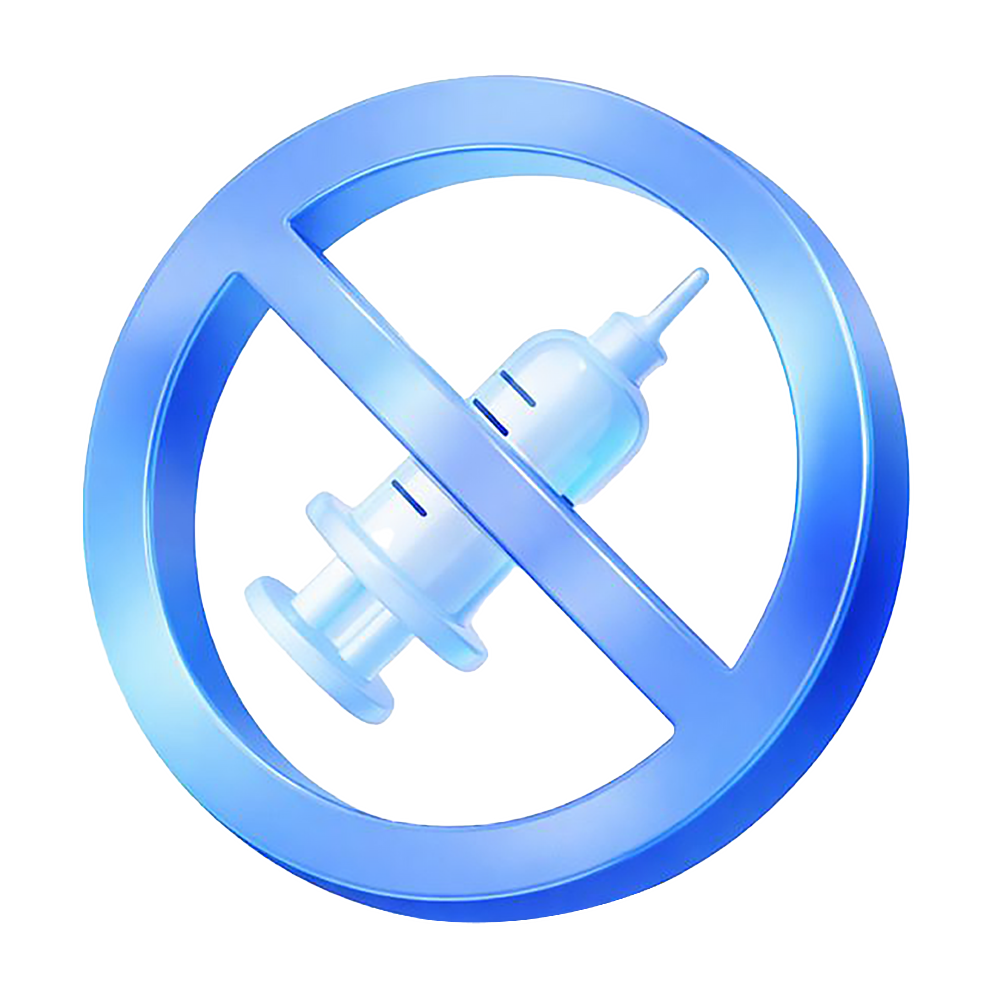 Blue prohibition sign with a syringe crossed out.