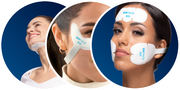 Three women wearing EMFACE® medical devices on their faces and necks, smiling.