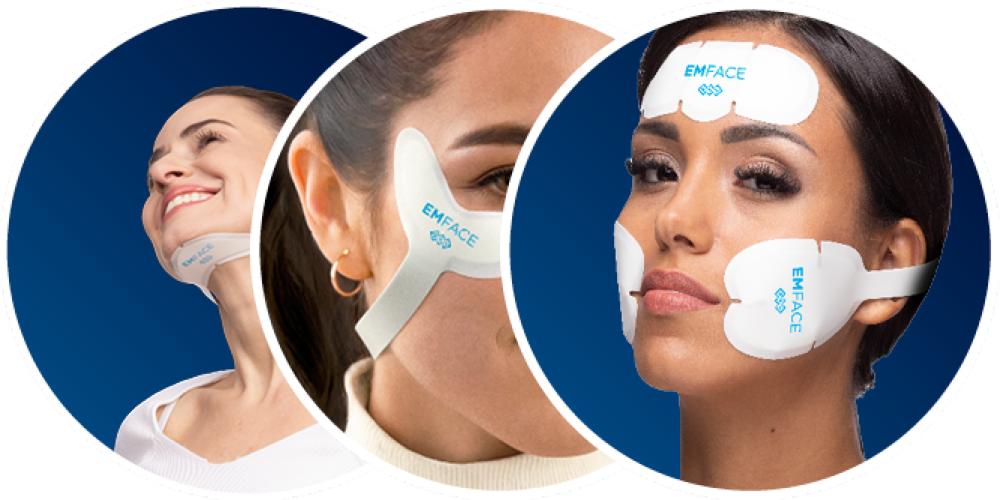 Three women wearing EMFACE® medical devices on their faces and necks, smiling.