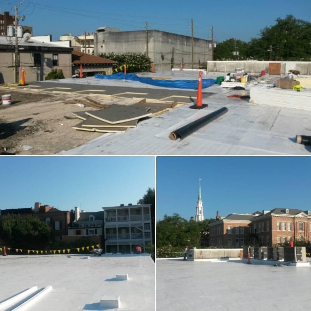 A collage of four pictures of a white roof