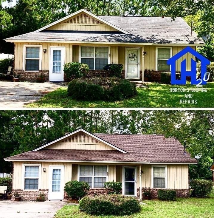 A before and after picture of a house with a brown roof