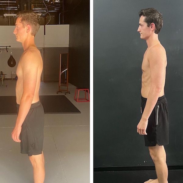 Two pictures of a shirtless man standing in a gym.