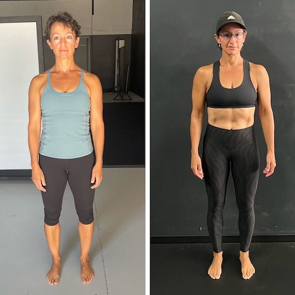 A before and after photo of a woman in a tank top and leggings
