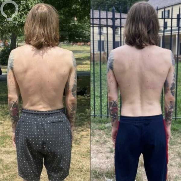 A before and after picture of a shirtless man with tattoos.