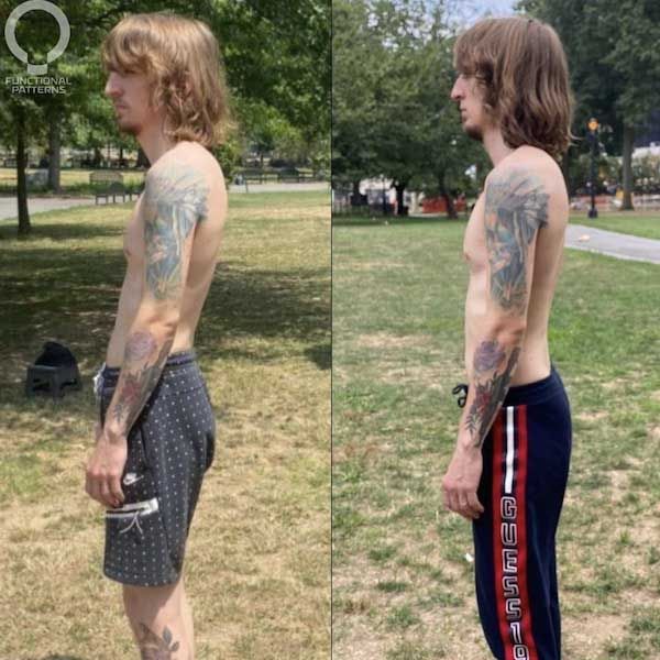 Two pictures of a shirtless man with tattoos standing in a park