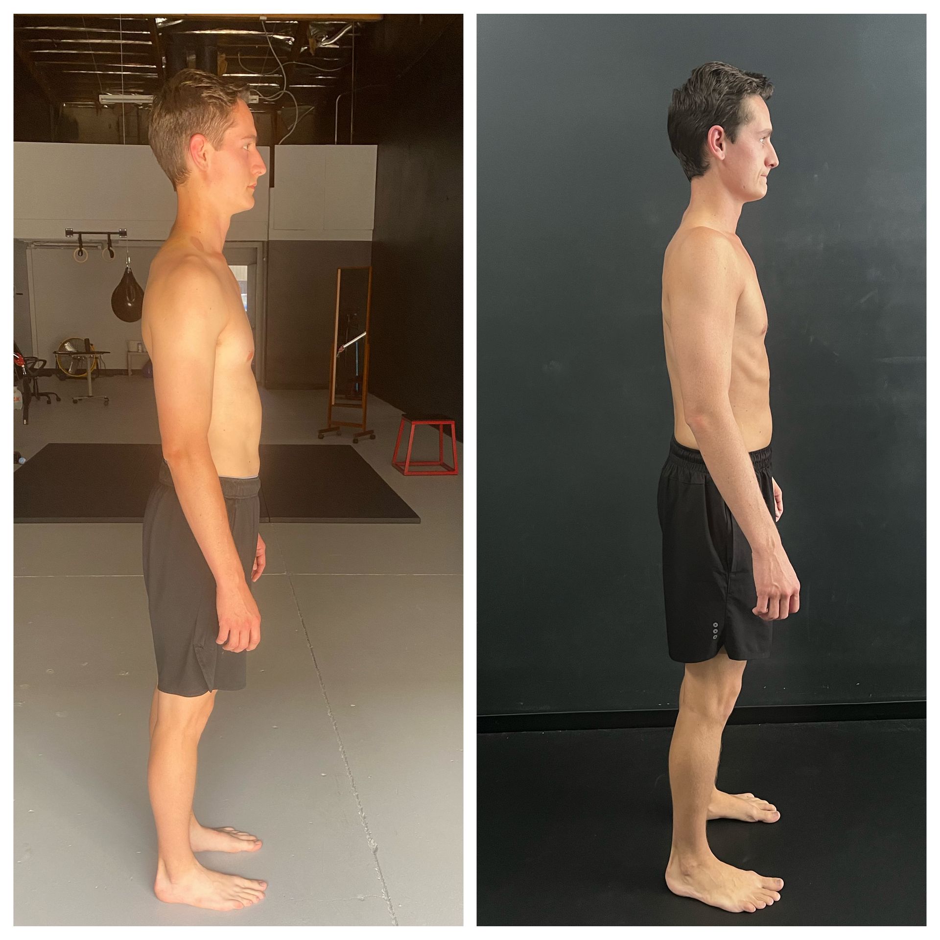 Two pictures of a shirtless man standing in a gym
