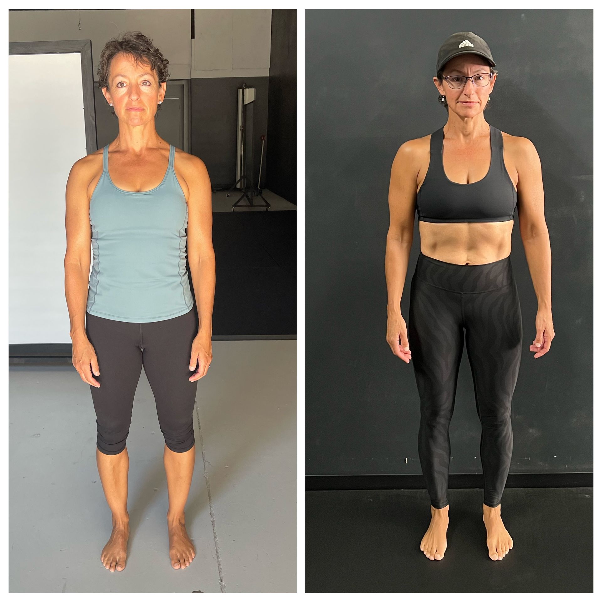 A before and after picture of a woman standing in a gym.