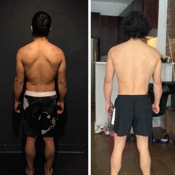 Two pictures of a shirtless man standing in a kitchen