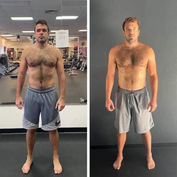 A before and after picture of a man in a gym.