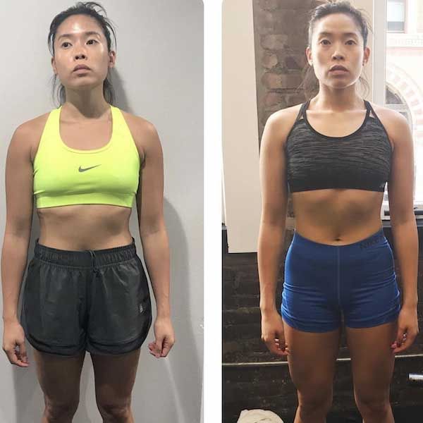 A before and after photo of a woman wearing a crop top and shorts.