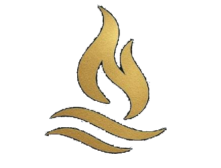 Gold logo: Flame over stylized waves, text 