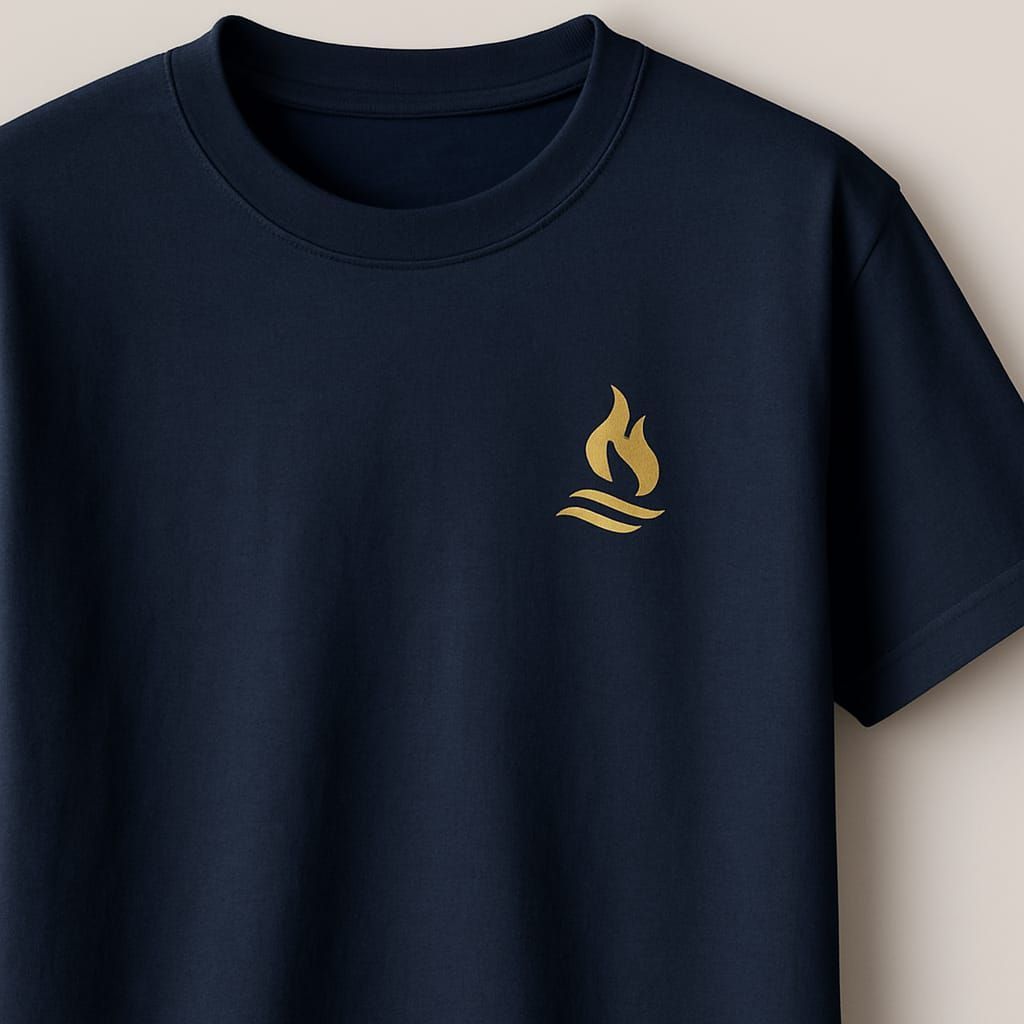 Navy blue t-shirt with a gold flame logo on the chest.