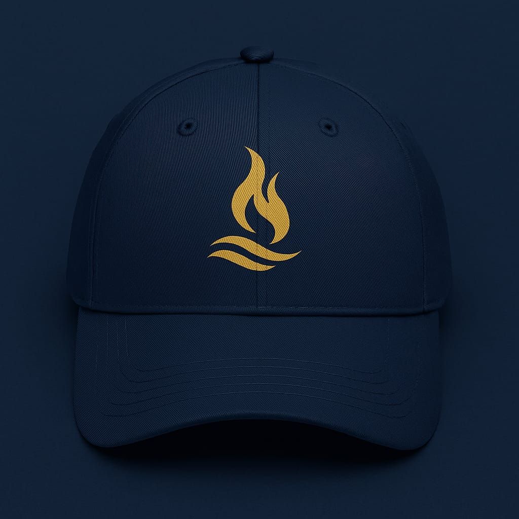Navy blue baseball cap with a gold flame logo.